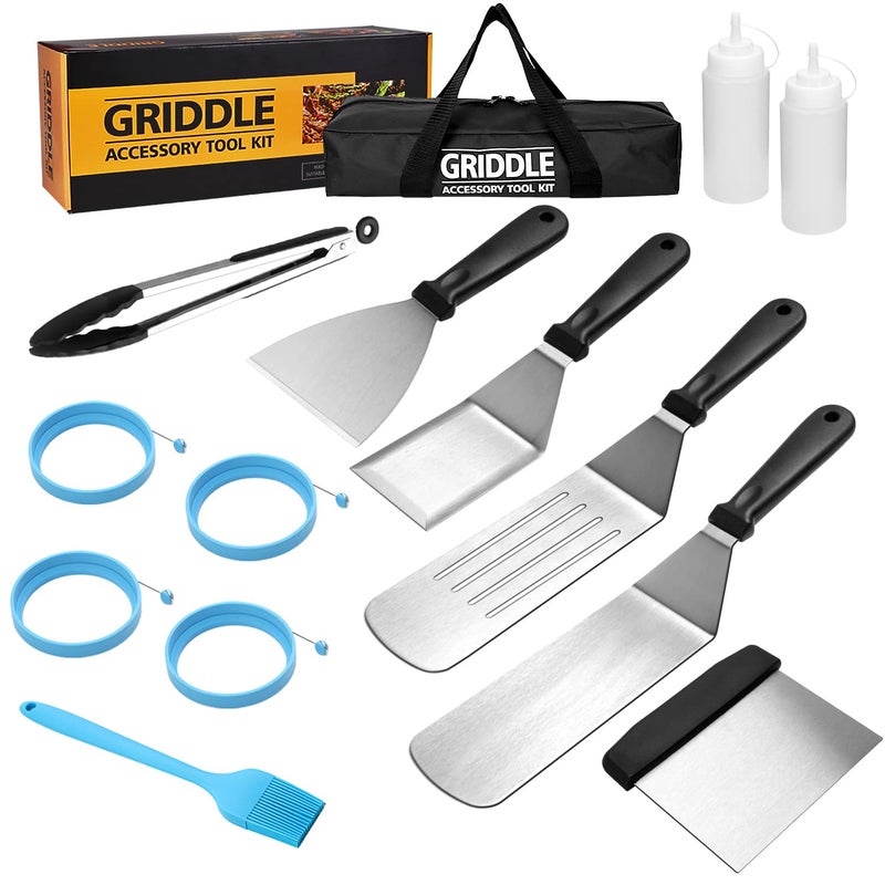 KITOOLBASE Flat Top Griddle Accessories Set for Blackstone and Camp Chef, Professional Grill Spatula Set with Burger Spatulas Scraper, BBQ Tool Griddle Utensils Kit for Men Outdoor Flattop Grills Cooking (Black) - Image 1
